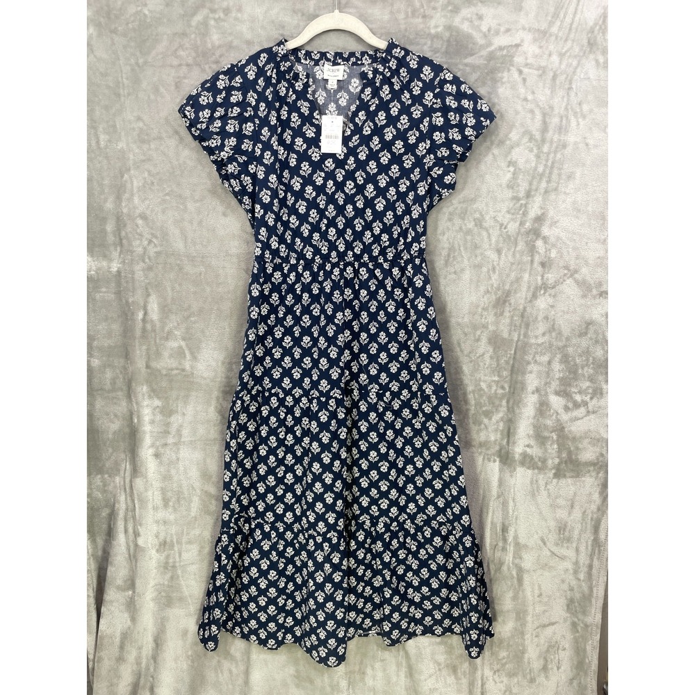 J.Crew Willa Midi Dress Size 8 Navy Blue Floral Tiered Pockets MSRP $158 NWT